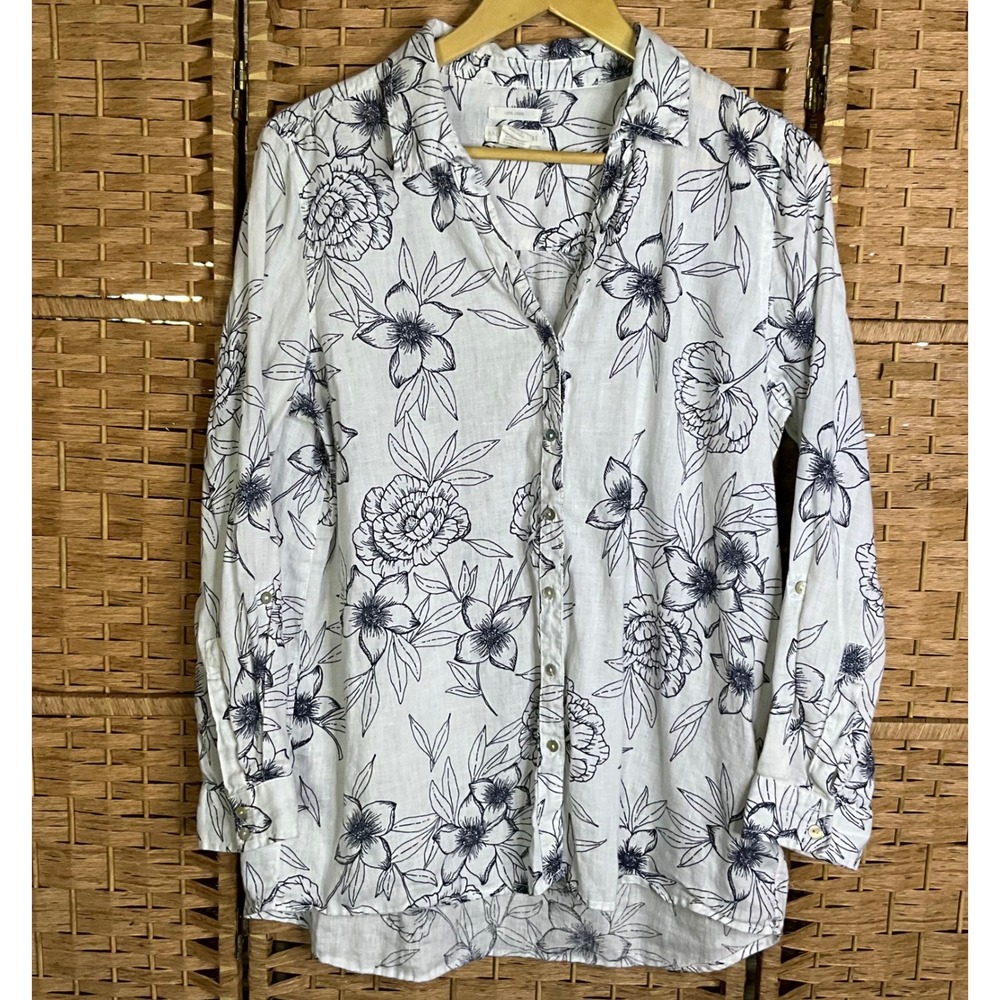 Womens White Floral Button-Down Shirt with Navy Sketch Print